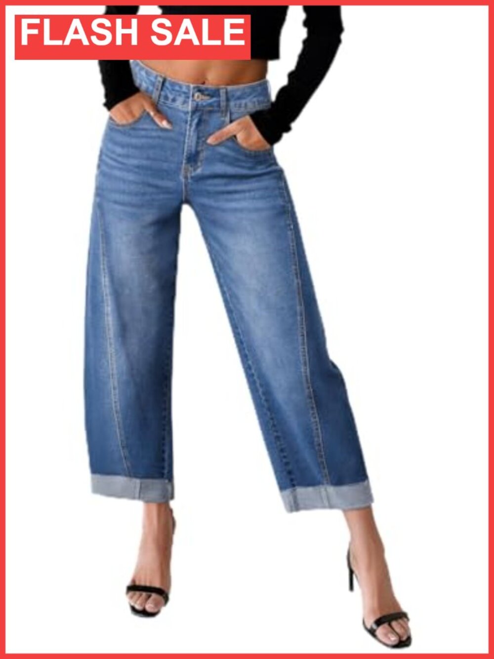 Sidefeel Barrel Jeans High Waisted Wide Leg Raw Rolled Hem Cropped Denim Pants